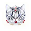 red waltzer car outlined with rubies and pearls. in the car there is a tabby and white cat sat on the seat. tattoo design idea