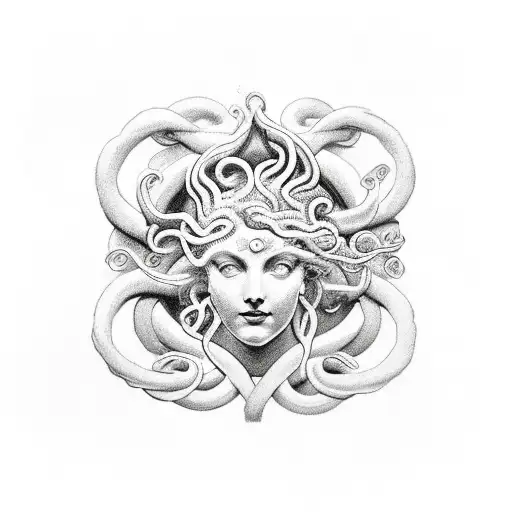 fire rose symbol with a beautiful medusa in the middle. smoke wings surrounding it  tattoo design idea