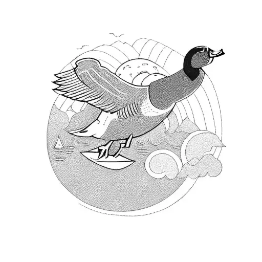 A majestic mallard duck flying over a serene lake surrounded by tall trees tattoo design idea