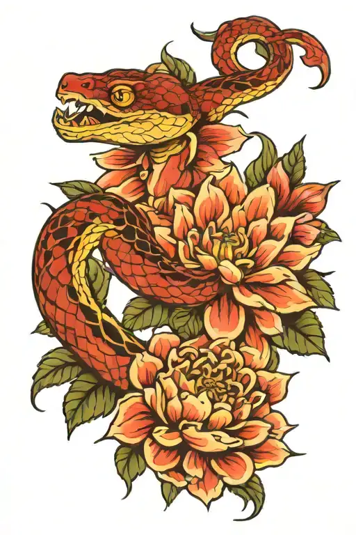 snake and dahlia flower tattoo design idea