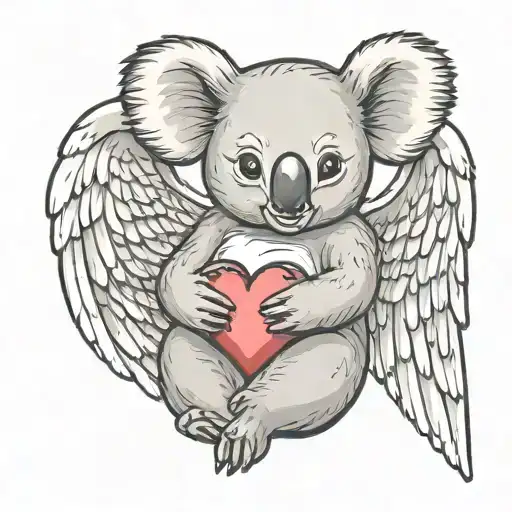 koala holding a heart with angel wings tattoo design idea