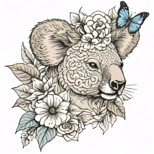 half of koalas head with big flower and butterfly tattoo design idea