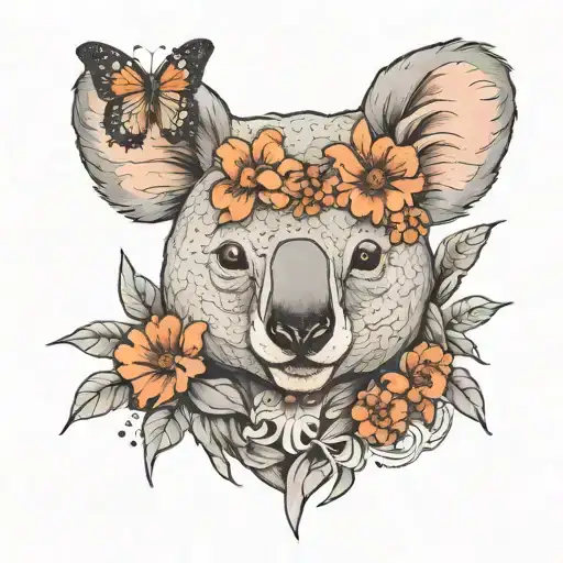 half of koalas head with big flower and butterfly in a bad sorrounding  tattoo design idea
