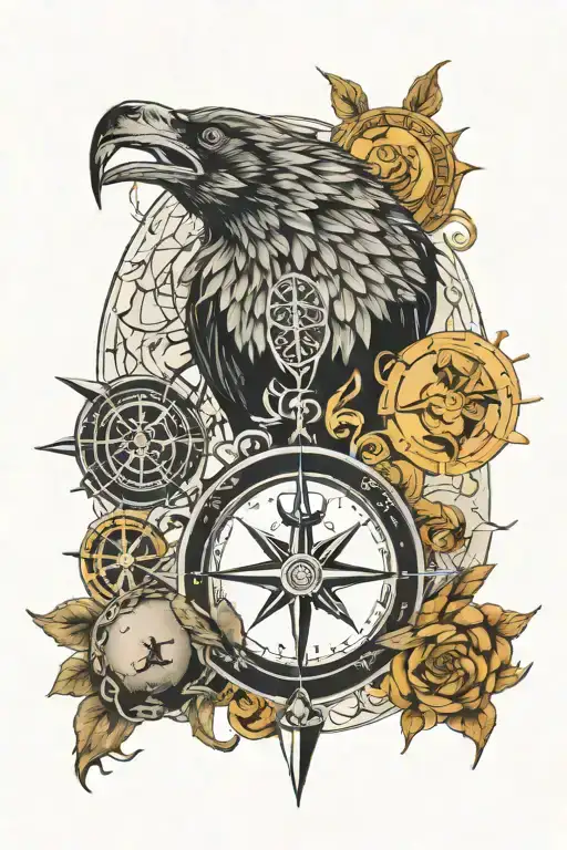 Oden with raven and wolf, Norse compass with Jörmungandr in background tattoo design idea