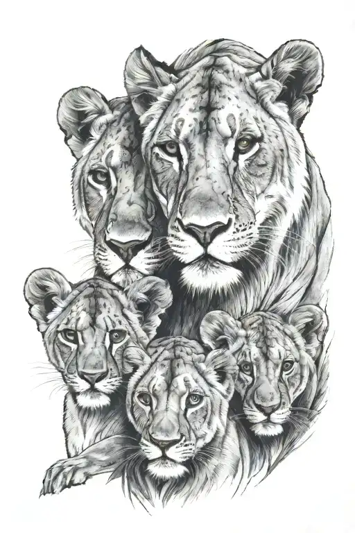 Lioness and two cubs face only tattoo design idea
