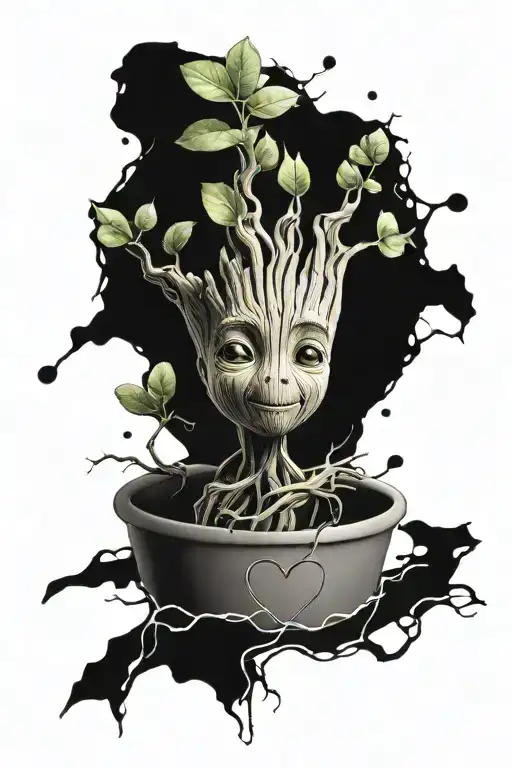 Groot in a transparent flowerpot with roots and a heart in his outstretched hand tattoo design idea