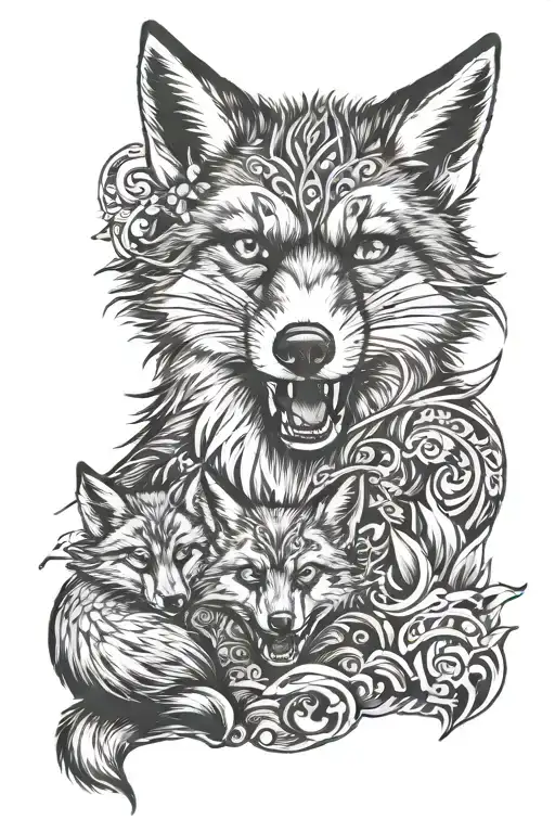 black and angry fox with baby fox and viking elements tattoo design idea