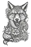 black and angry fox with baby fox and viking elements tattoo design idea