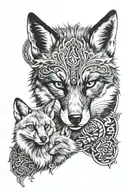 black and angry fox with baby fox and viking elements tattoo design idea