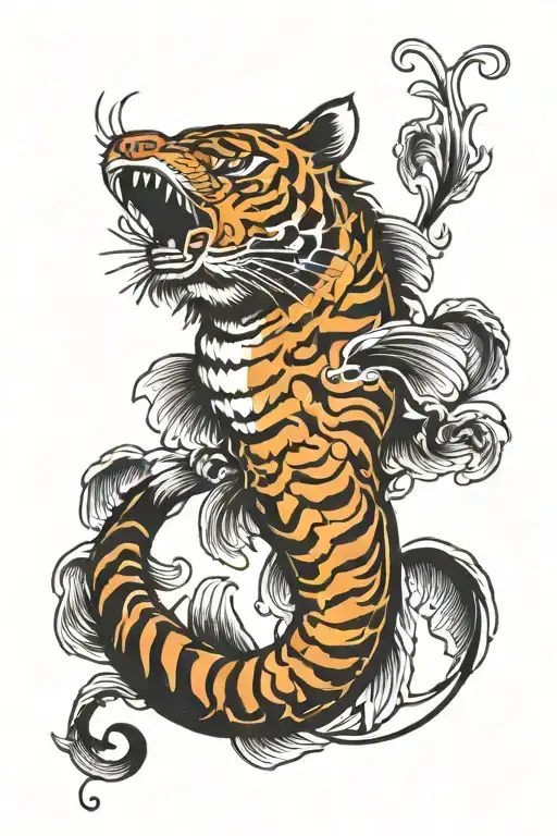 Tiger carp, upper half of the body is a vicious tiger with claws, lower half is a fish tattoo design idea