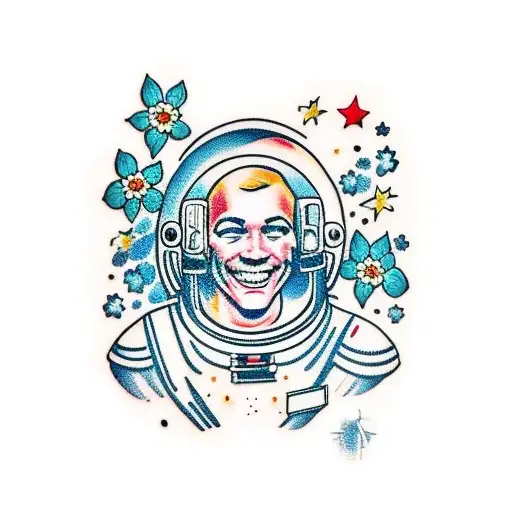 astronaut in space with flowers tattoo design idea