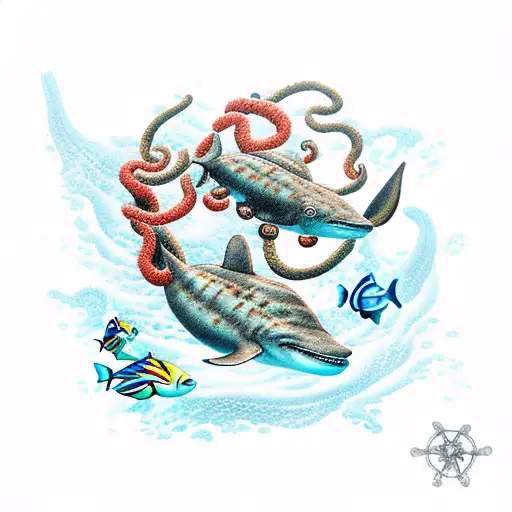 anchor with coral, black tip reef shark, moray eel, angel fish, sea turtle, sea horse, clown fish, schooner at the top,  tattoo design idea