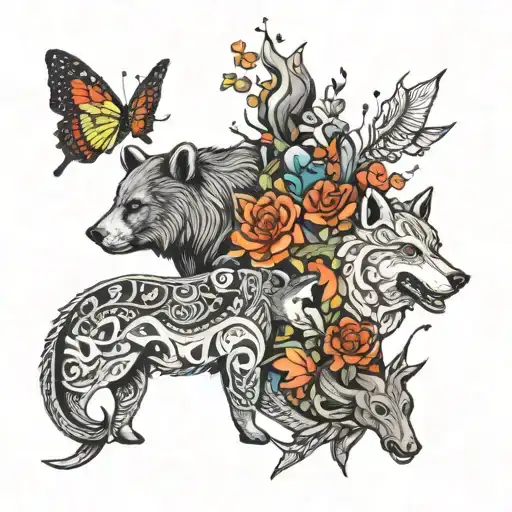  a bear, a shark, a goat, a guppy, an elephant and a wolf incorporated with butterflies  tattoo design idea