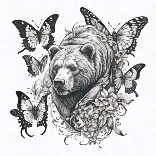  a bear, a shark, a goat, a guppy, an elephant and a wolf incorporated with butterflies  tattoo design idea