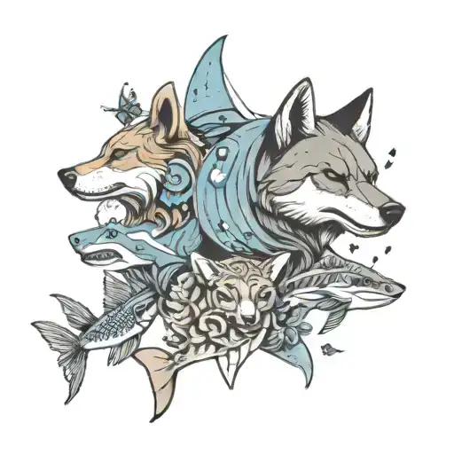   a bear, a shark, a goat, a guppy, and a wolf incorporated with butterflies  tattoo design idea