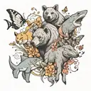  a bear, a shark, a goat, a guppy, an elephant and a wolf incorporated with butterflies  tattoo design idea
