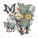  a bear, a shark, a goat, a guppy, an elephant and a wolf incorporated with butterflies  tattoo design idea