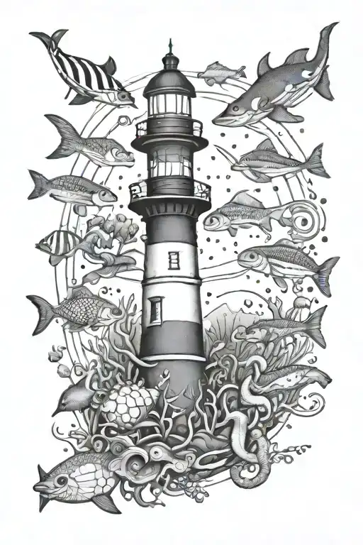 marine life Animals and light house surrounded tattoo design idea
