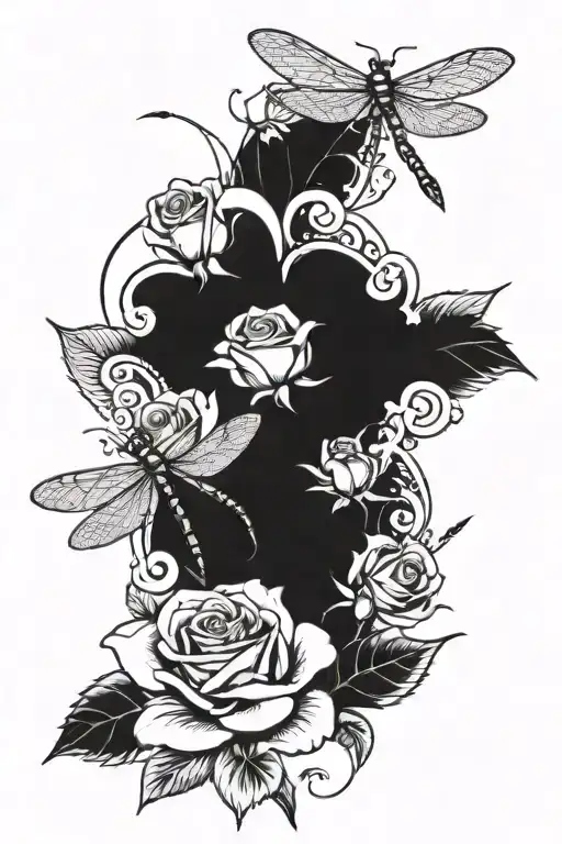 roses and dragonfly landing tattoo design idea