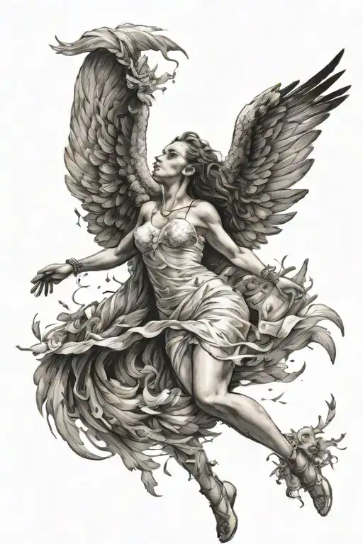female Icuras falling angel with feathers tattoo design idea