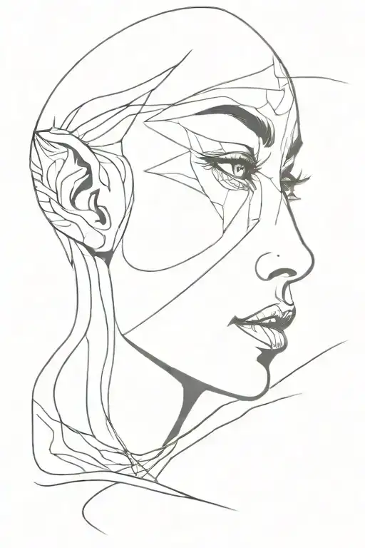 abstract, water reflection, thin lines, elf-woman face staring tattoo design idea