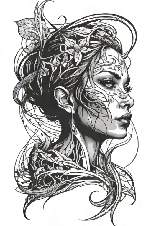 abstract water reflection thin lines elf-woman tattoo design idea