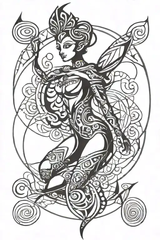 abstract circular thin lines elf-woman tattoo design idea