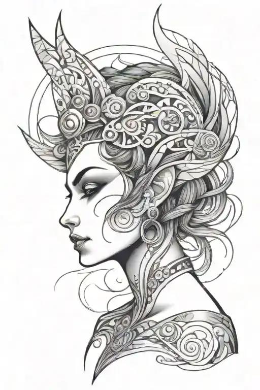 abstract circular thin lines elf-woman tattoo design idea