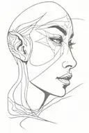 abstract, water reflection, thin lines, elf-woman face staring tattoo design idea