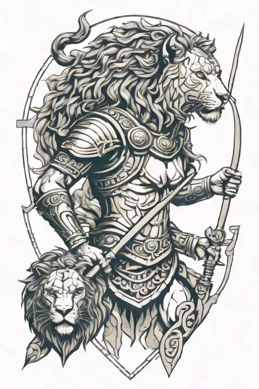 ancient rome theme, gladiator, hel nordic godess of death, revenge, love, lion tattoo design idea