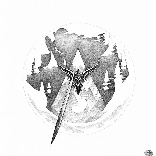 dark guardian angle with sword with a forest background and a full moon  tattoo design idea