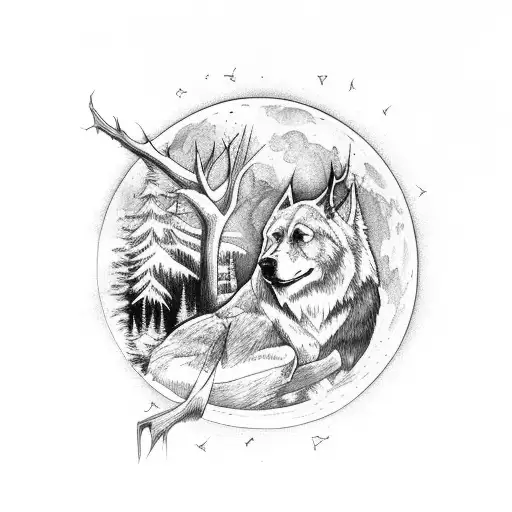 dark guardian angle a forest backgro and a full moon  tattoo design idea