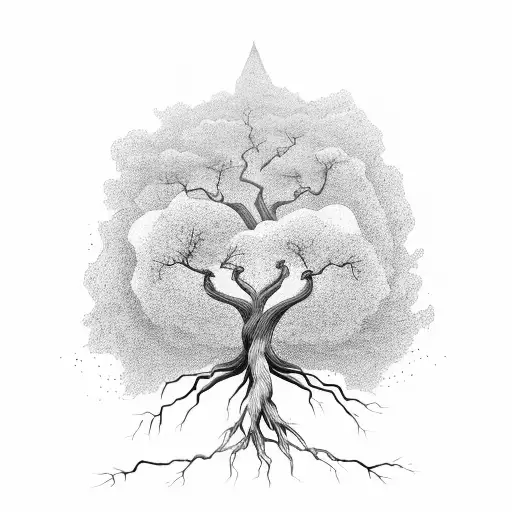 A tree with roots reaching deep into the earth and branches stretching towards the sky tattoo design idea