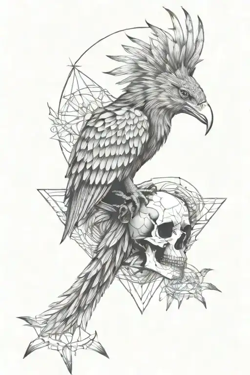 dead phoenix bone and skull fly away tattoo design idea