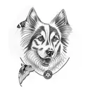 border collie ear outline with paw print in the middle the name lady may at the bottom and butterflies above  tattoo design idea