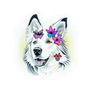 border collie ear outline with paw print in the middle the name lady may at the bottom and butterflies above  tattoo design idea