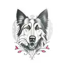 border collie ear outline with paw print in the middle the name lady may at the bottom and butterflies above  tattoo design idea