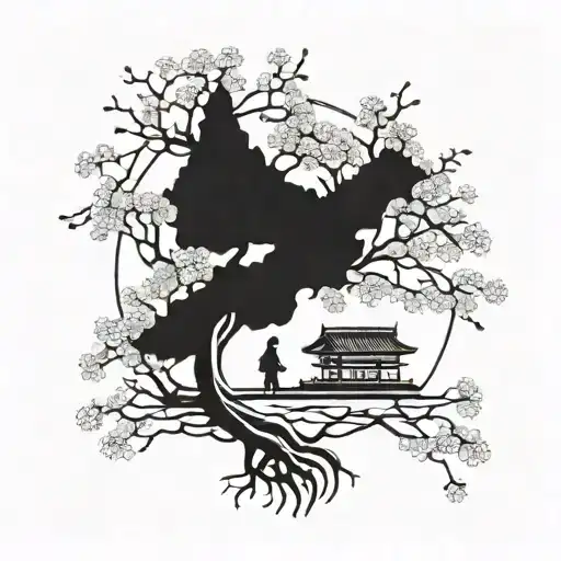 Japanese cherry blossom tree with a silhouette of your family traveling around the world tattoo design idea