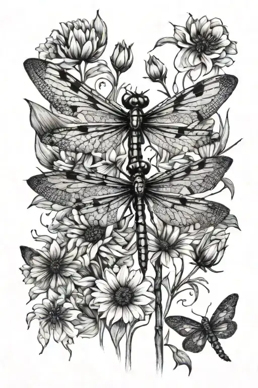 A mother dragonfly watching over her daughter dragonfly as they explore a field of colorful flowers, representing protection and love tattoo design idea