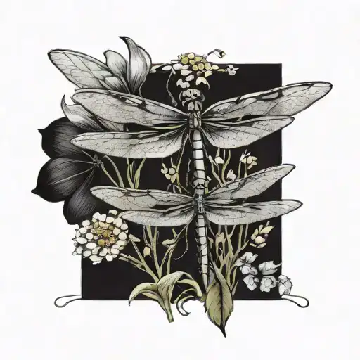 A mother dragonfly watching over her daughter dragonfly as they explore a field of colorful flowers, representing protection and love tattoo design idea