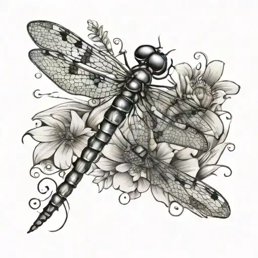 A mother dragonfly watching over her daughter dragonfly as they explore a field of colorful flowers, representing protection and love tattoo design idea