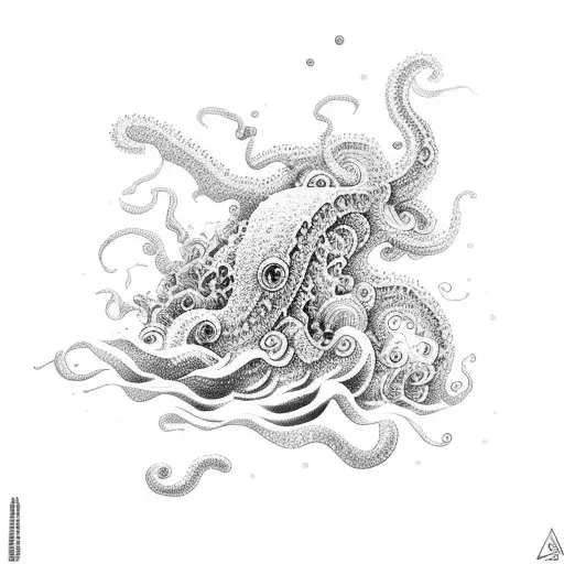 A dotwork illustration of a sea monster inspired by Lovecraft's stories, with watercolor waves crashing around it and mathematical formulas as part of its body tattoo design idea