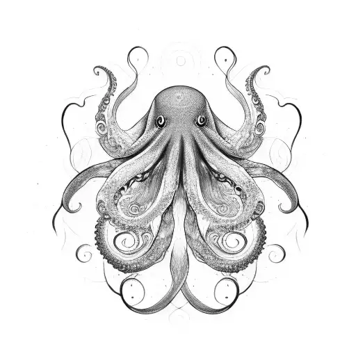 An intricate blackwork design of an octopus tentacle morphing into a mathematical infinity symbol, surrounded by watercolor splatters tattoo design idea