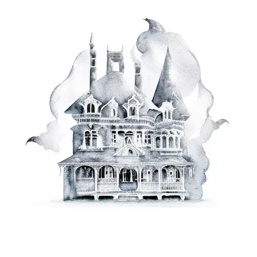 A watercolor painting of a haunted house, with a ghostly figure writing mathematical equations in the air tattoo design idea