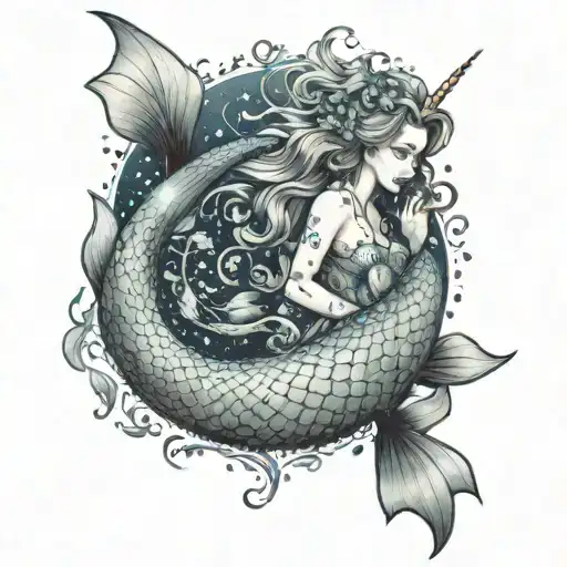 A mermaid with a unicorn horn swimming with a school of colorful fish, symbolizing the client's love for fantasy creatures tattoo design idea