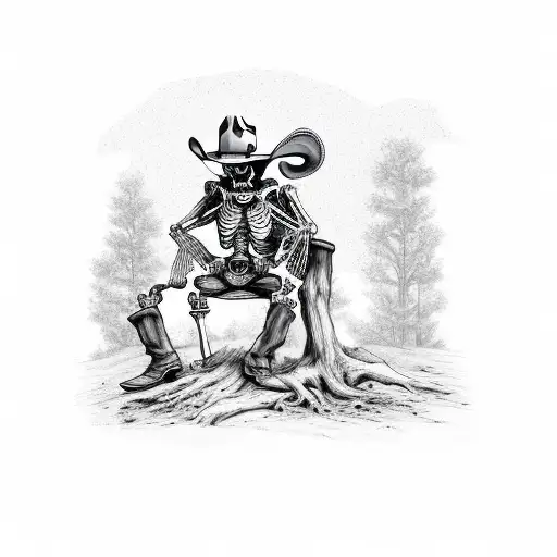 Skeleton with cowboy clothes and cowboy hat resting on a tree drinking a bottle of bourbon  tattoo design idea