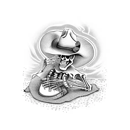 Skeleton with cowboy clothes and cowboy hat resting on a tree drinking a bottle of bourbon  tattoo design idea