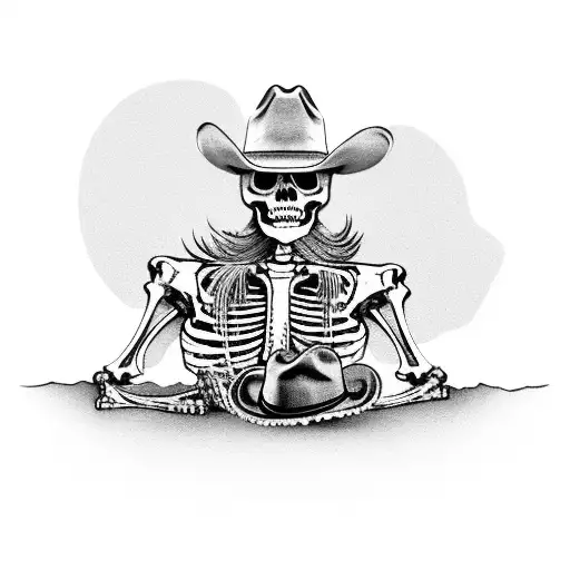 Skeleton with cowboy clothes and cowboy hat resting on a tree drinking a bottle of bourbon  tattoo design idea