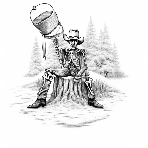 Skeleton with cowboy clothes and cowboy hat resting on a tree drinking a bottle of bourbon  tattoo design idea