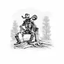 Skeleton with cowboy clothes and cowboy hat resting on a tree drinking a bottle of bourbon  tattoo design idea